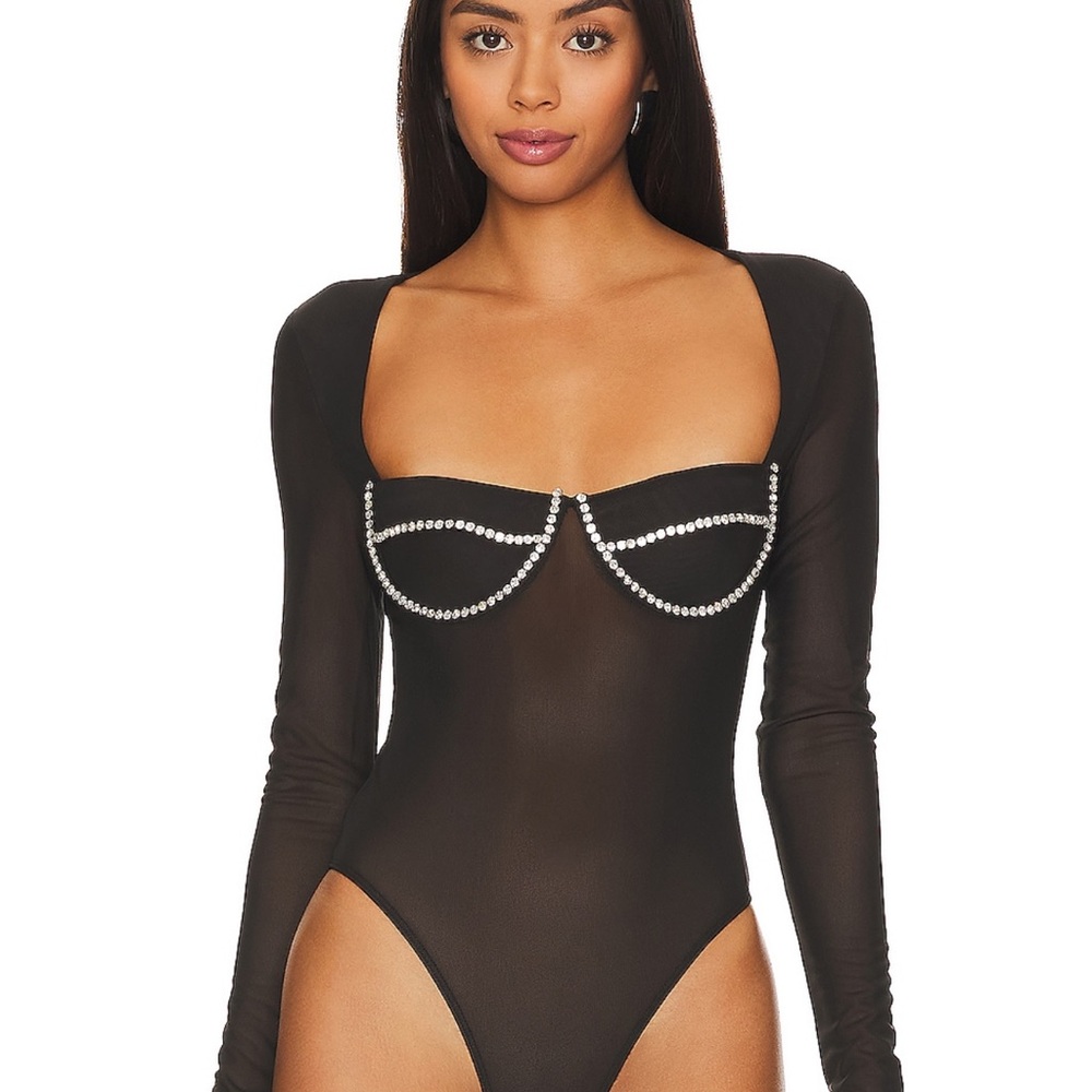 Sheer Black Long Sleeve Bodysuit with Rhinestone Detail - Picture 2 of 8
